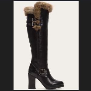 FRYE Penny Lux Rabbit Fur Lined High Heel Winter Moto Boots Tall 7.5